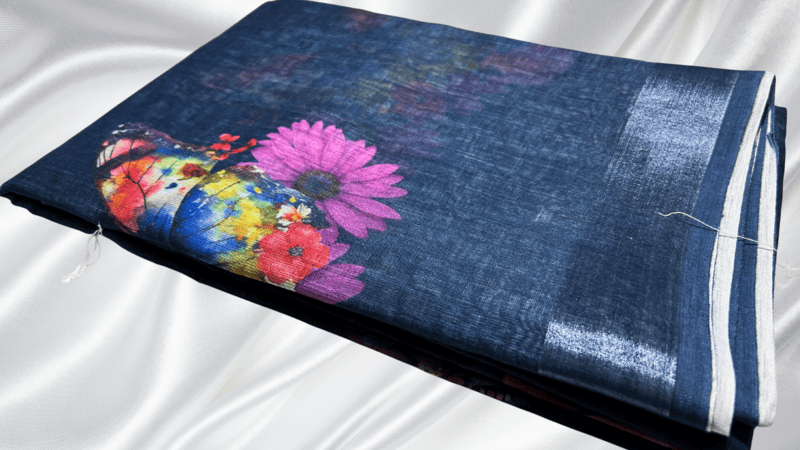Linen Cotton Butterfly Saree - Dark Blue