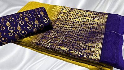 Life Line Gold Foil Fancy Saree - Violet & Mustard