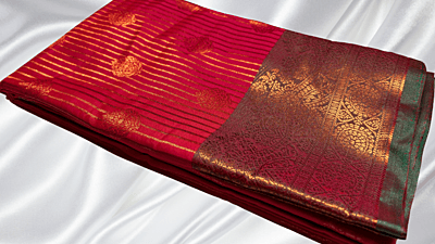 Ishika Fancy Copper Jari Saree - Bright Red