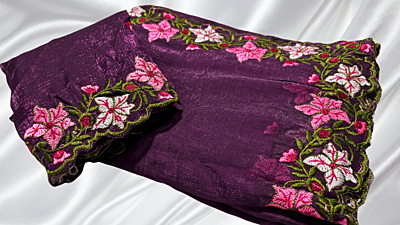 Fendy Shiny Floral Embroidery Saree - Plum