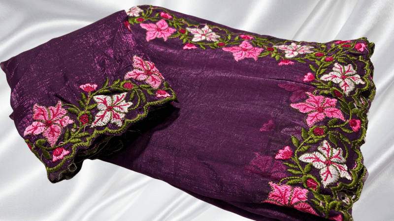 Fendy Shiny Floral Embroidery Saree - Plum