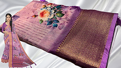 Kesari Digital Floral Jari Silk Saree - Plum
