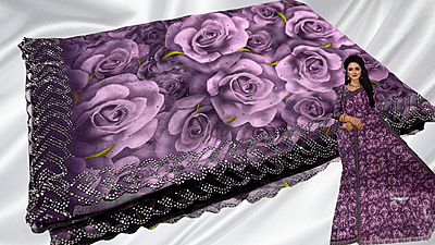 3D Digital Rose Stone Work Saree - Plum