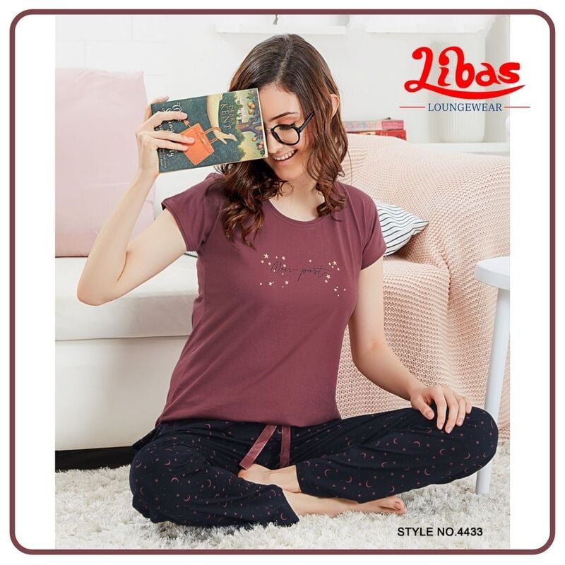 Camelot & Black Printed Top & Bottom Hosiery Cotton Women Night Suit From Libas Loungewear - FPS103 Camelot & Black Printed Top & Bottom Hosiery Cotton Women Night Suit From Libas Loungewear - FPS103