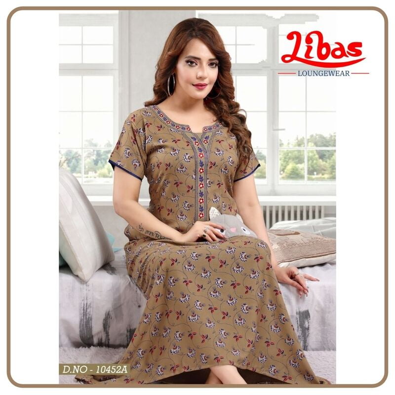 Sandal Grey Spun Cotton Nighty With Embroidery & Floral Print All Over From Libas Loungewear - AL599 Sandal Grey Spun Cotton Nighty With Embroidery & Floral Print All Over From Libas Loungewear - AL599