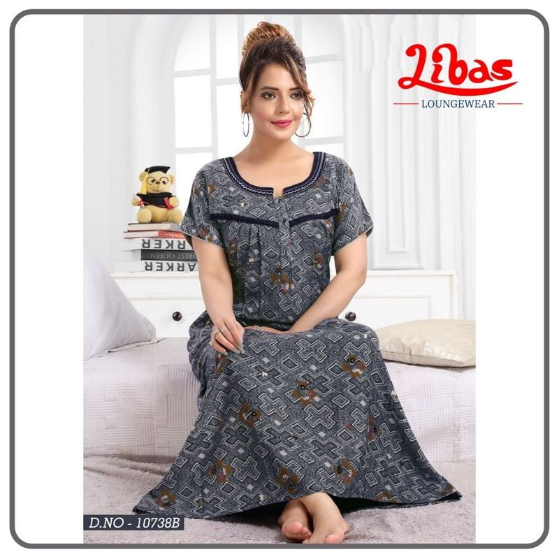 Comet Blue Spun Cotton Pleated Nighty With Button Closure From Libas Loungewear - PLT189 Comet Blue Spun Cotton Pleated Nighty With Button Closure From Libas Loungewear - PLT189
