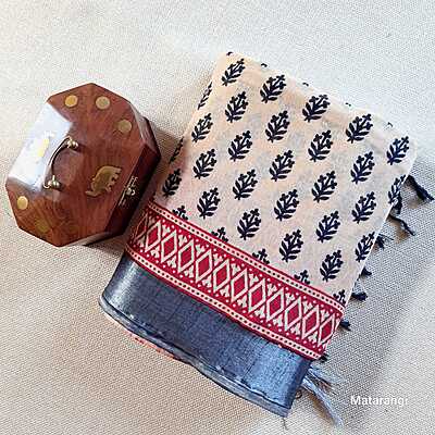 Cream Linen Cotton Saree with Hand Block Print