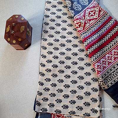 Cream Linen Cotton Saree with Hand Block Print