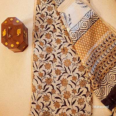 Beige Linen Cotton Saree with Hand Block Print