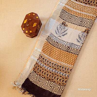 Beige Linen Cotton Saree with Hand Block Print