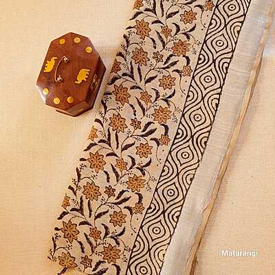 Beige Linen Cotton Saree with Hand Block Print