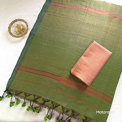 Green Khadi Cotton Zari Striped Saree Green Khadi Cotton Zari Striped Saree