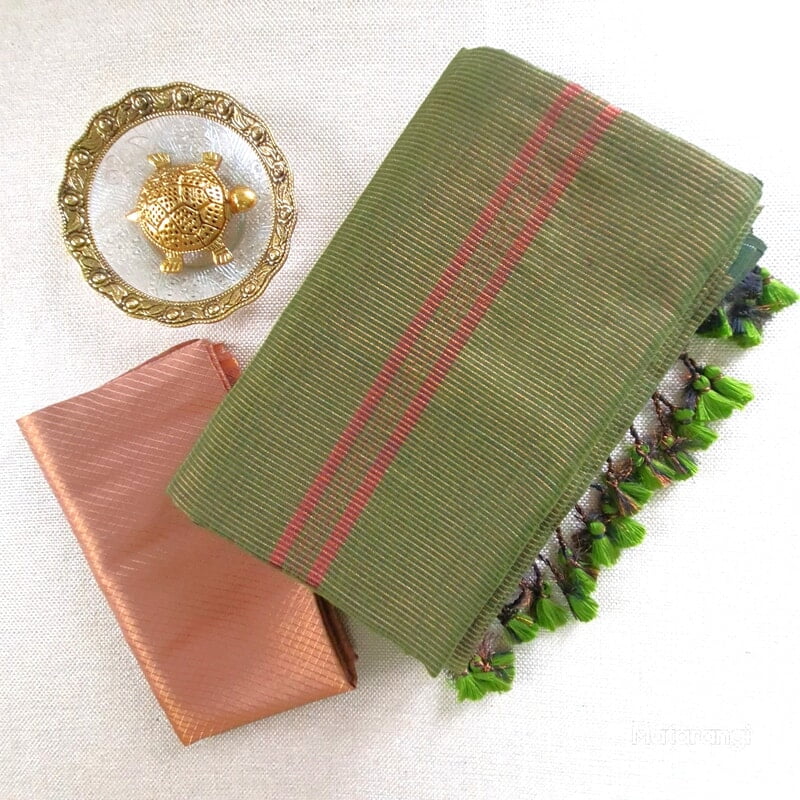 Green Khadi Cotton Zari Striped Saree Green Khadi Cotton Zari Striped Saree
