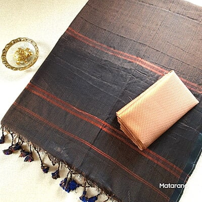 Black Khadi Cotton Zari Striped Saree Black Khadi Cotton Zari Striped Saree
