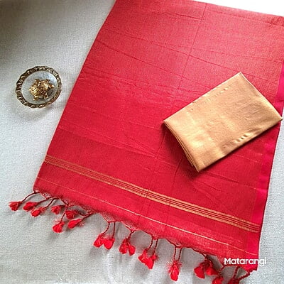 Red Khadi Cotton Zari Striped Saree Red Khadi Cotton Zari Striped Saree