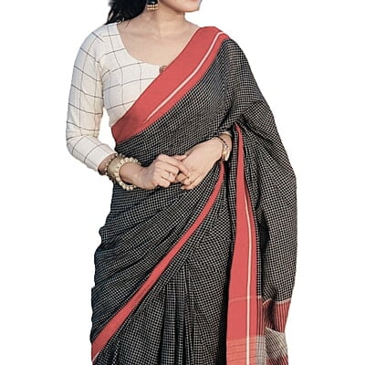Black Check Design Pure Khadi Cotton Handloom Saree