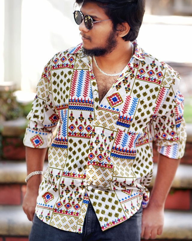 White Abstract Multi Coloured Printed | Body Fit | Full Sleeves