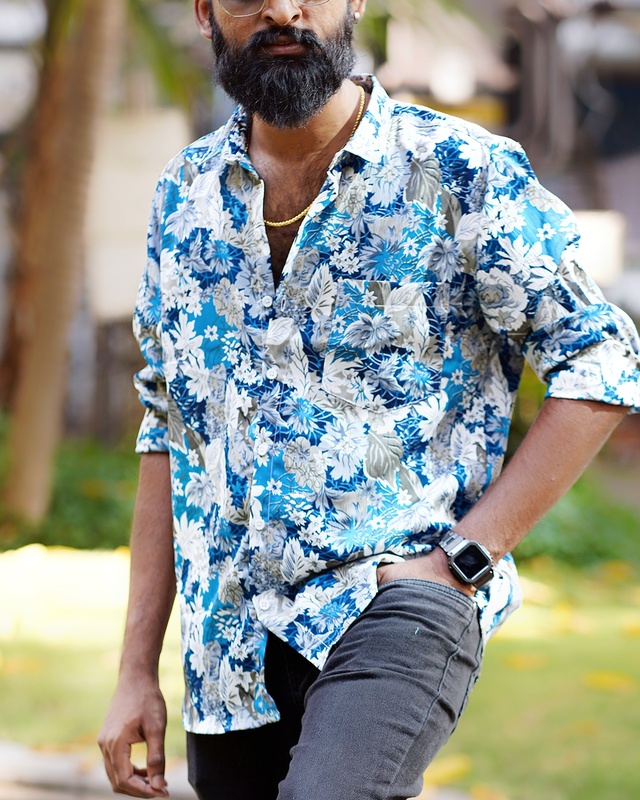 Ocean Blue Floral Abstract | Body Fit | Full Sleeves