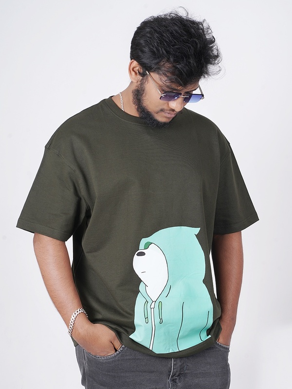 Funky Introvert Olive Green Half Sleeves - Oversized T Shirt