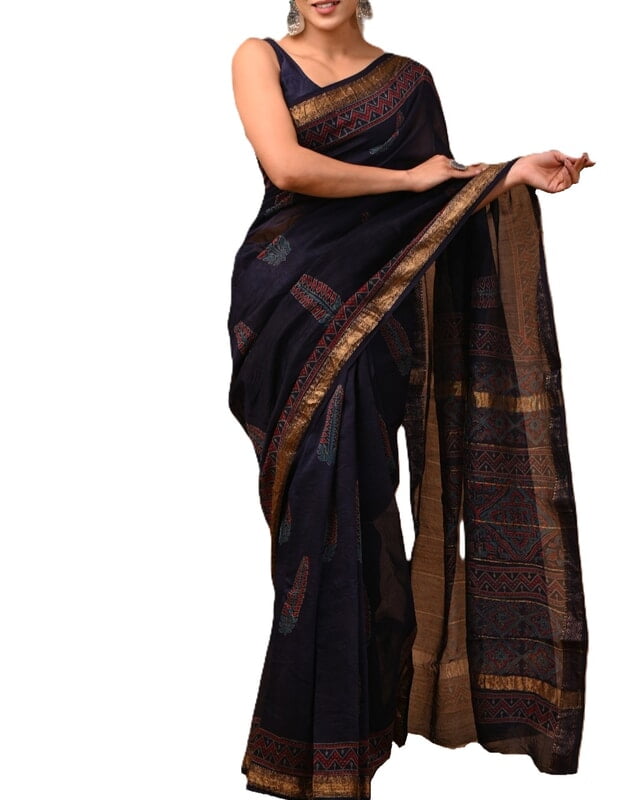Premium Navy Blue Hand Block Printed Maheshwari Silk Saree Premium Navy Blue Hand Block Printed Maheshwari Silk Saree