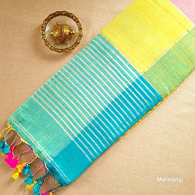 Pastel Multicoloured Organic Handloom Linen Saree