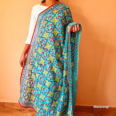 Turquoise Green Chapa Phulkari Georgette Duppatta Turquoise Green Chapa Phulkari Georgette Duppatta
