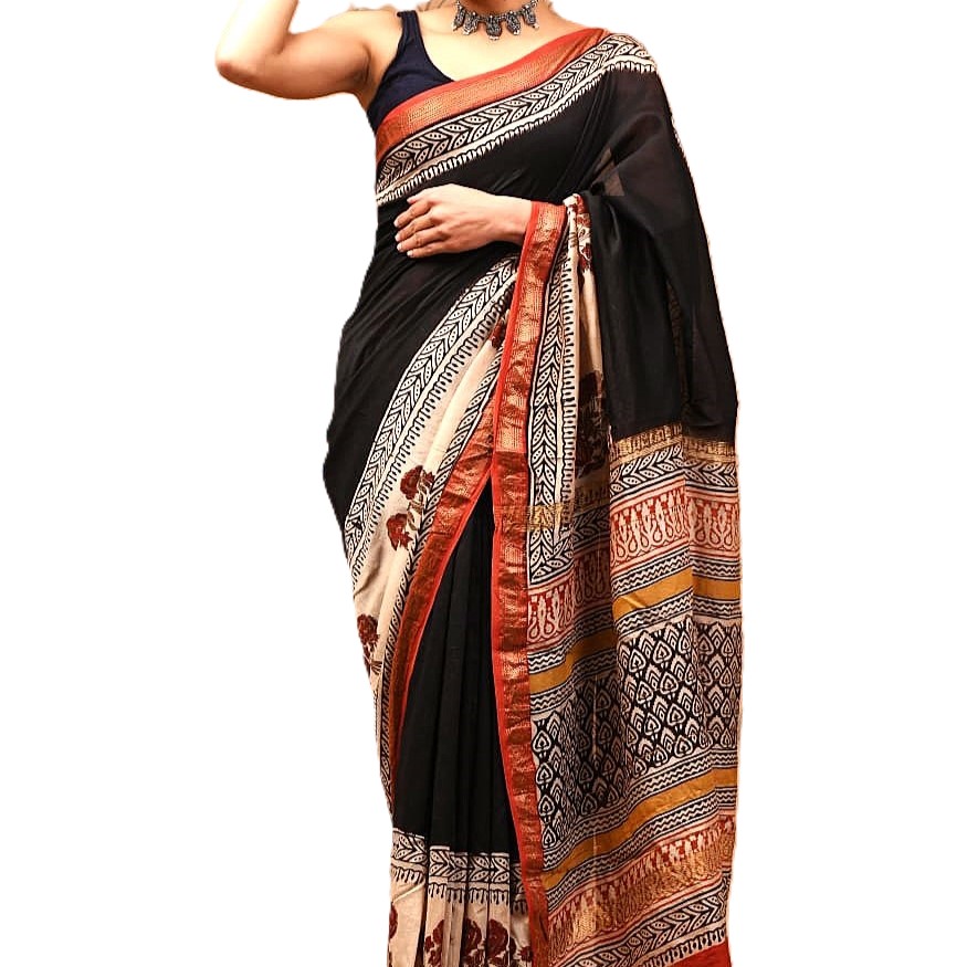 Black Floral Handblock Printed Maheshwari Silk Saree Black Floral Handblock Printed Maheshwari Silk Saree