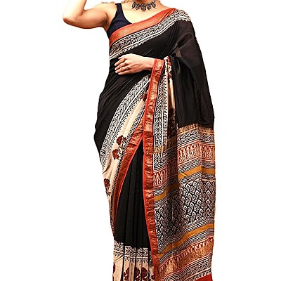Black Floral Handblock Printed Maheshwari Silk Saree