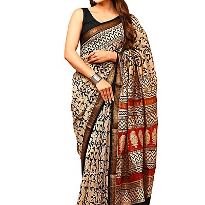 Black & Cream Handblock Printed Maheshwari Silk Saree Black & Cream Handblock Printed Maheshwari Silk Saree