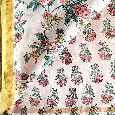White Floral Hand Block Printed Organic Chanderi Silk Saree White Floral Hand Block Printed Organic Chanderi Silk Saree