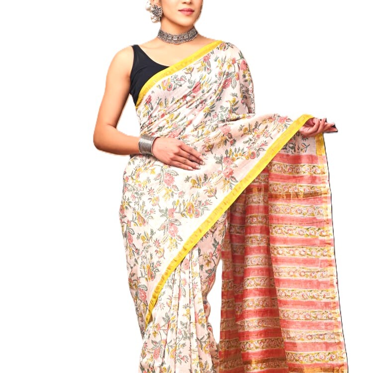 White Floral Hand Block Printed Organic Chanderi Silk Saree White Floral Hand Block Printed Organic Chanderi Silk Saree