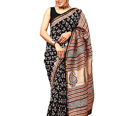 Black Hand Block Printed Organic Chanderi Silk Saree Black Hand Block Printed Organic Chanderi Silk Saree