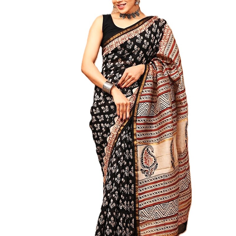 Black Hand Block Printed Organic Chanderi Silk Saree Black Hand Block Printed Organic Chanderi Silk Saree