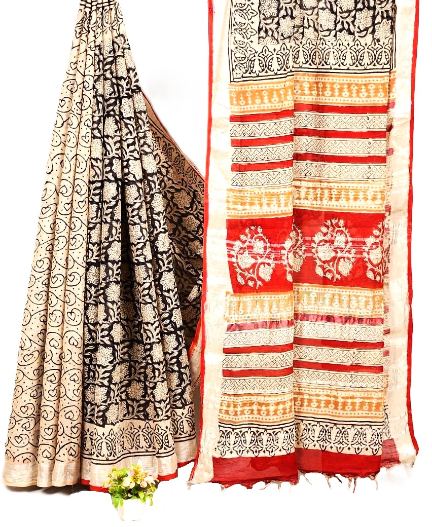 Matarangi Black Floral Handblock Printed Linen Cotton Saree Matarangi Black Floral Handblock Printed Linen Cotton Saree