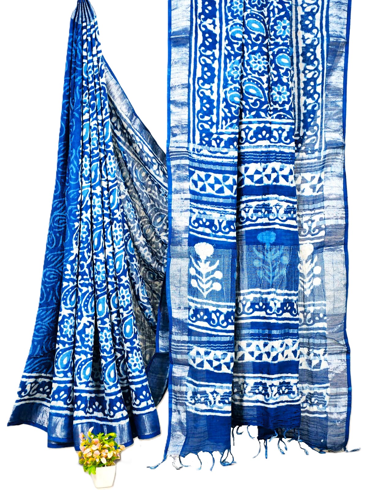 Matarangi Indigo Blue Handblock Printed Linen Cotton Saree Matarangi Indigo Blue Handblock Printed Linen Cotton Saree