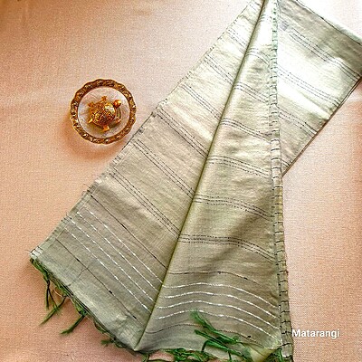Matarangi Grey Green Semi Tussar Saree Striped woven saree Matarangi Grey Green Semi Tussar Saree Striped woven saree