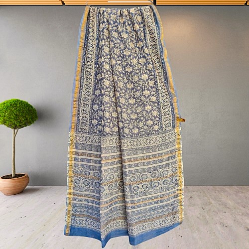 Matarangi Premium Bluish Grey Hand Block Printed Maheshwari Silk Saree Matarangi Premium Bluish Grey Hand Block Printed Maheshwari Silk Saree