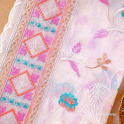 Matarangi Off White Embroidered Mul Chanderi Salwar Material