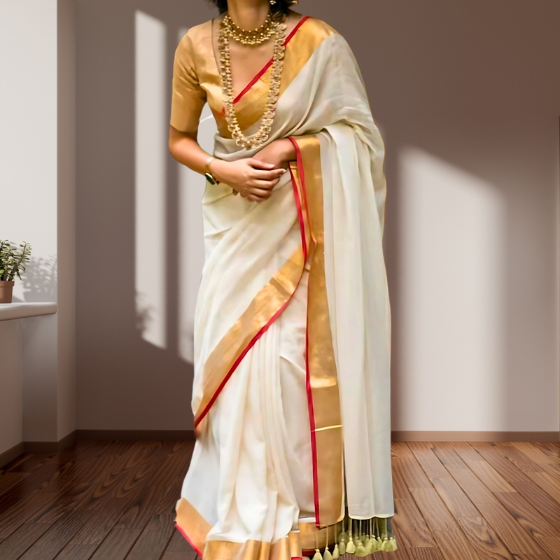 Matarangi Cream & Red Mul Cotton Kerala Saree Matarangi Cream & Red Mul Cotton Kerala Saree