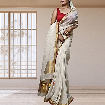 Matarangi Offwhite Organic Linen Check Saree
