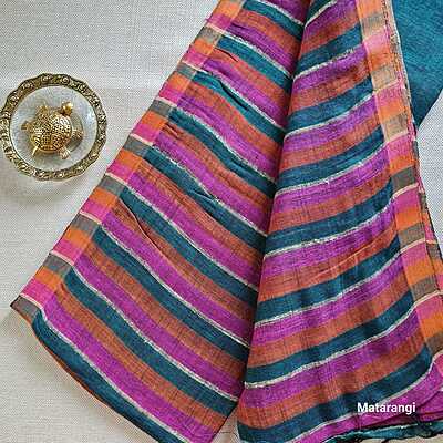 Matarangi Maroon & Green Striped Pure Organic Handloom Linen Saree