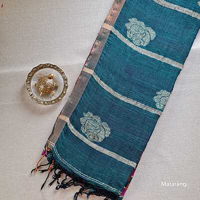 Matarangi Maroon & Green Striped Pure Organic Handloom Linen Saree