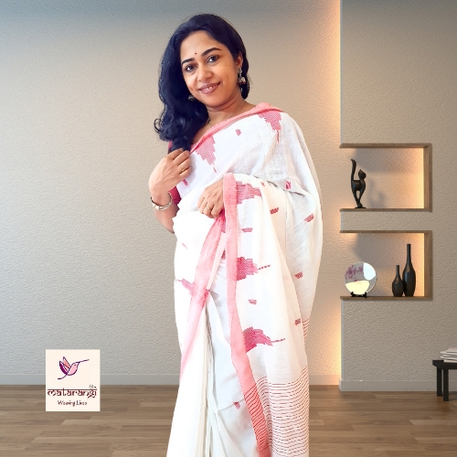 Matarangi White Handloom Khadi Cotton Temple Design Saree Matarangi White Handloom Khadi Cotton Temple Design Saree