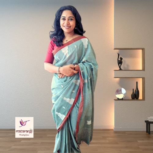 Matarangi Light Greyish Green Handloom Khadi Cotton Temple Design Saree Matarangi Light Greyish Green Handloom Khadi Cotton Temple Design Saree