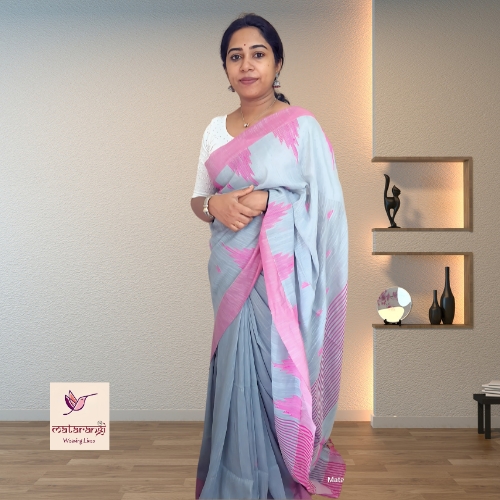Matarangi Light Bluish Grey Handloom Khadi Cotton Temple Design Saree Matarangi Light Bluish Grey Handloom Khadi Cotton Temple Design Saree