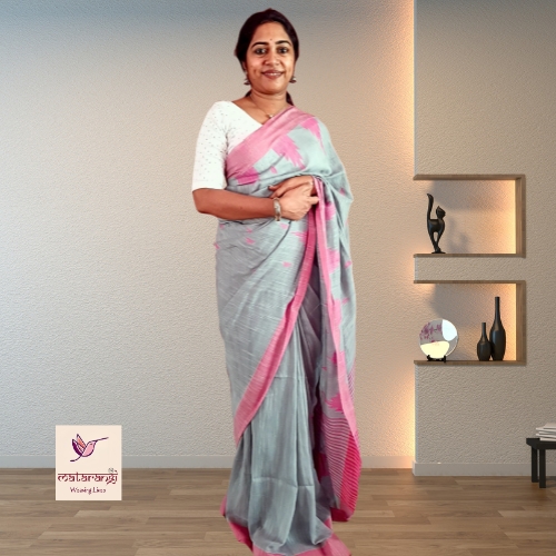 Matarangi Light Bluish Grey Handloom Khadi Cotton Temple Design Saree Matarangi Light Bluish Grey Handloom Khadi Cotton Temple Design Saree