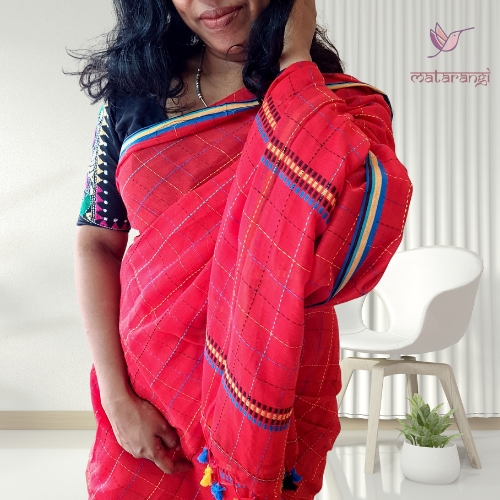 Red Khadi Handloom Kantha Checks Saree Red Khadi Handloom Kantha Checks Saree