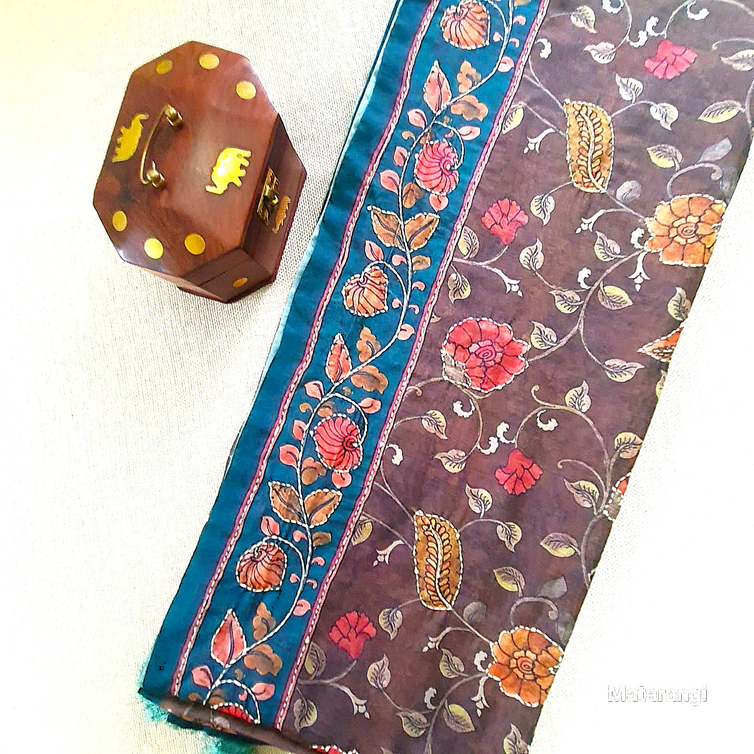 Brownish Green Kalamkari Kantha Chanderi Saree Brownish Green Kalamkari Kantha Chanderi Saree