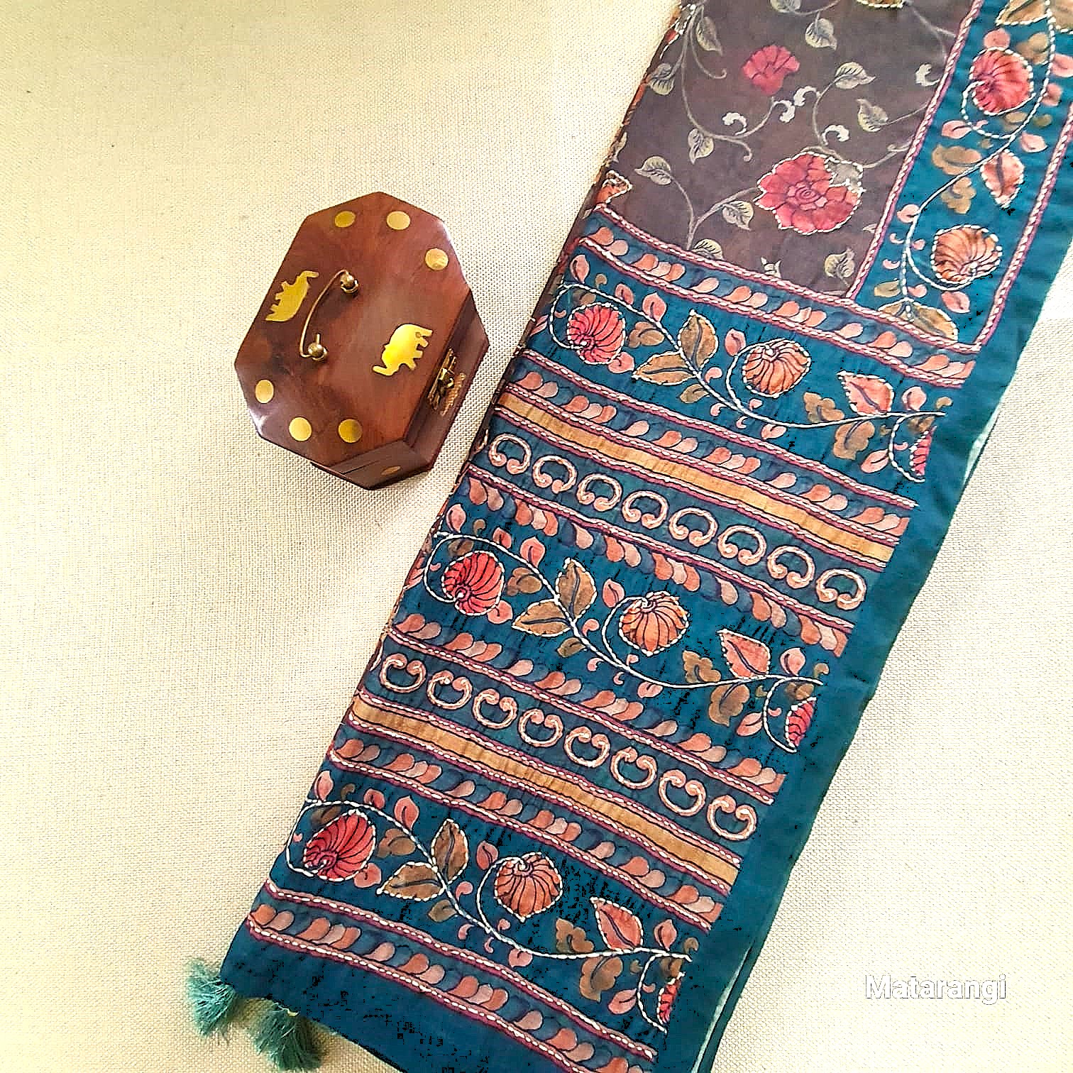 Brownish Green Kalamkari Kantha Chanderi Saree Brownish Green Kalamkari Kantha Chanderi Saree