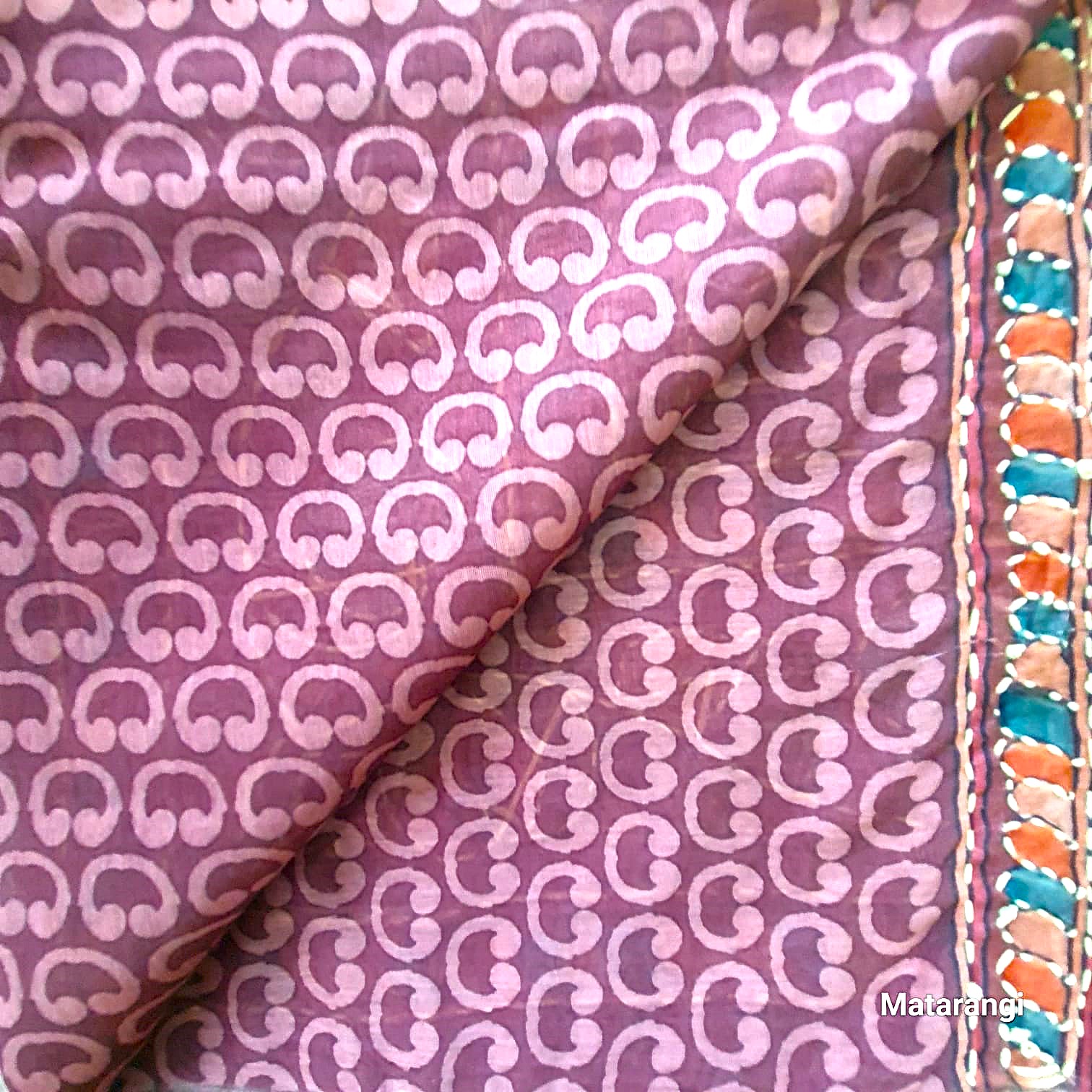 Grey Green Kalamkari Kantha Chanderi Saree Grey Green Kalamkari Kantha Chanderi Saree